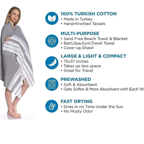 DEMMEX Towels Ibiza SpaTurkish Cotton Beach Blanket XXL 75"x37" black Diamond - Picture 2 of 7